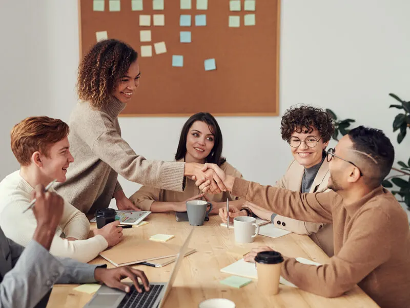 Two professionals shaking hands during a meeting